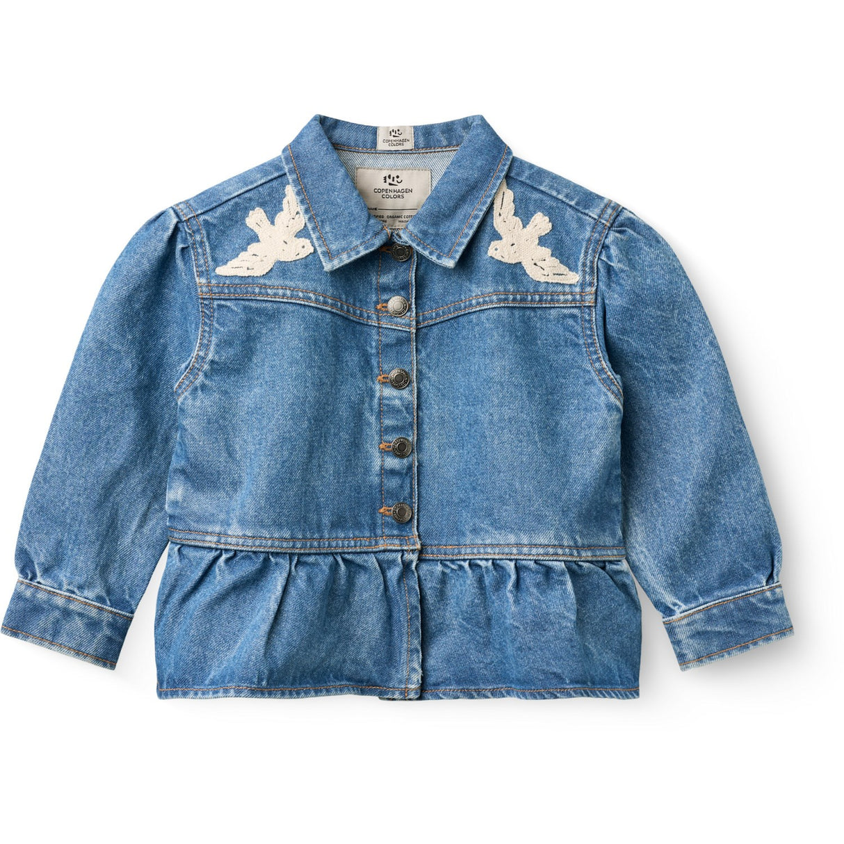 COPENHAGEN COLORS Indigo Blue Washed Denim Flæse Jakke W. Crochet Doves
