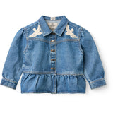 COPENHAGEN COLORS Indigo Blue Washed Denim Flæse Jakke W. Crochet Doves