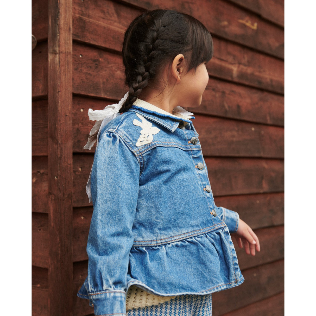 COPENHAGEN COLORS Indigo Blue Washed Denim Flæse Jakke W. Crochet Doves