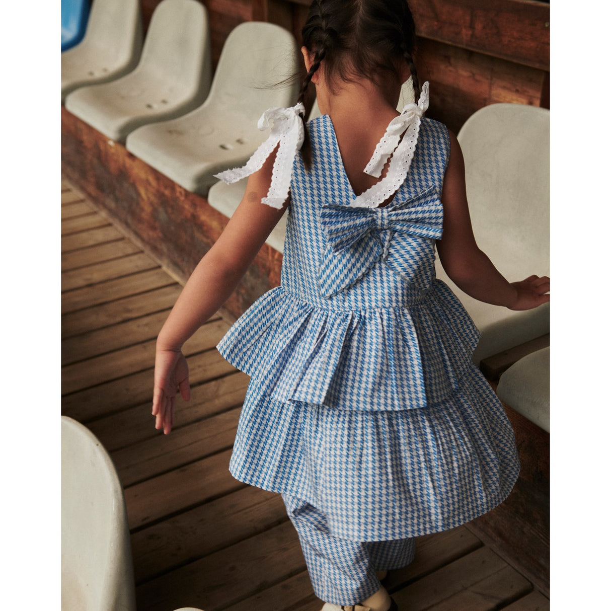 COPENHAGEN COLORS Blue Houndstooth Mini Houndstooth Kjole W. Sløjfe