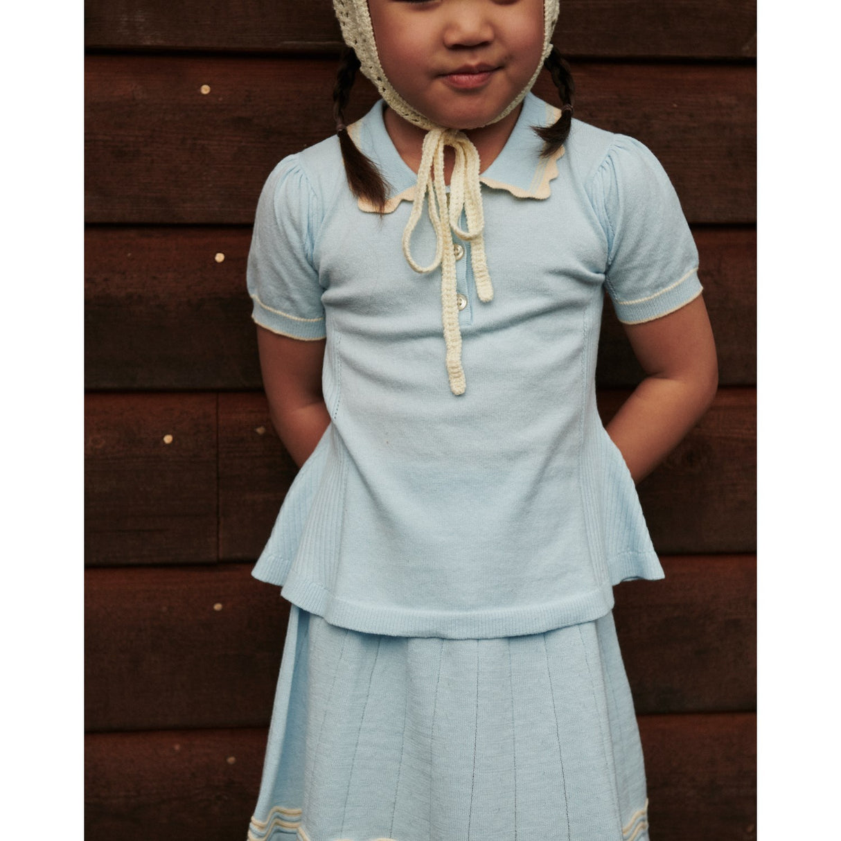 COPENHAGEN COLORS Ice Blue/Cream Comb. Strikket Peplum Bluse