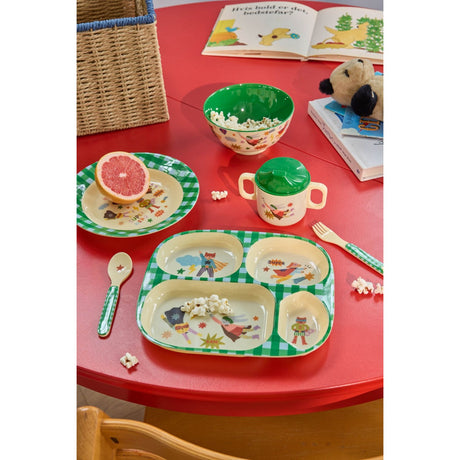 Rice Melamin Baby Dinner Sæt In Giftbox - Hero Print - Green - 4 Pcs