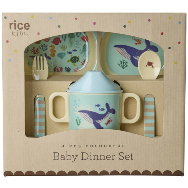 Rice Melamin Baby Dinner Sæt In Gift Box - Blue Ocean Print - 4 Pcs