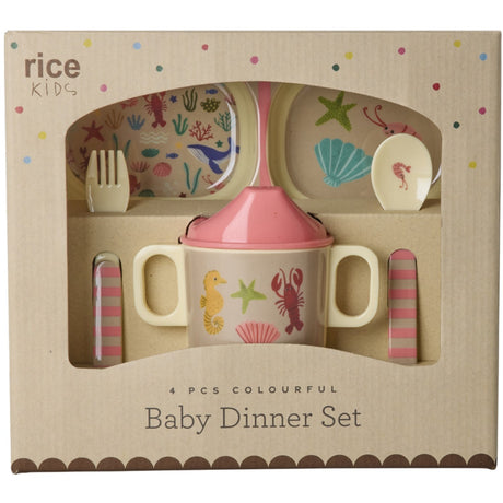 Rice Melamin Baby Dinner Sæt In Gift Box - Coral Ocean Print - 4 Pcs