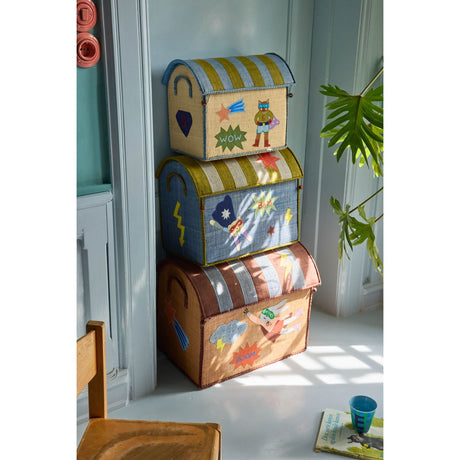 Rice Raffia Legetøj Baskets Med Hero Theme - Blue - Sæt Of 3