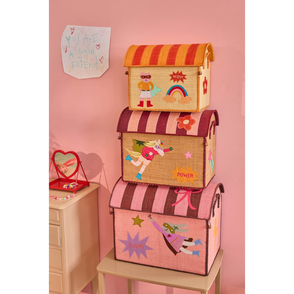 Rice Raffia Legetøj Baskets Med Hero Theme - Pink - Sæt Of 3