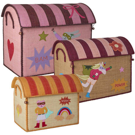 Rice Raffia Legetøj Baskets Med Hero Theme - Pink - Sæt Of 3