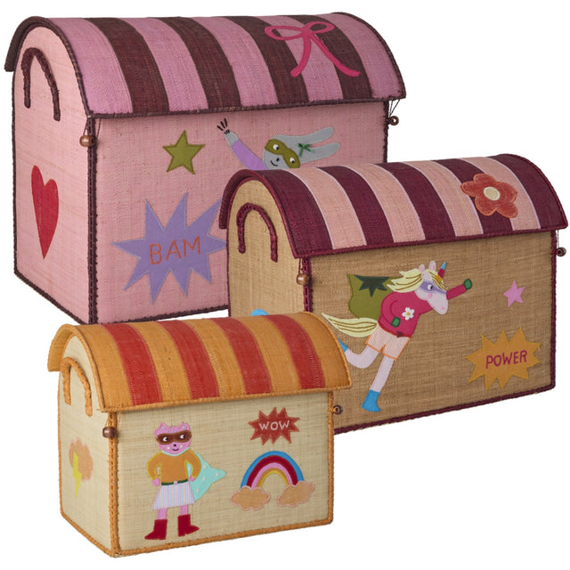 Rice Raffia Legetøj Baskets Med Hero Theme - Pink - Sæt Of 3