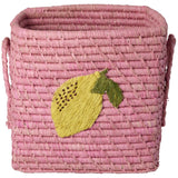 Rice Raffia Square Kurv Med Big Lemon Embroidery Og Raffia Handles - Small
