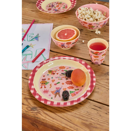 Rice Melamin Kids Lunch Tallerken Med Hero Print - Pink