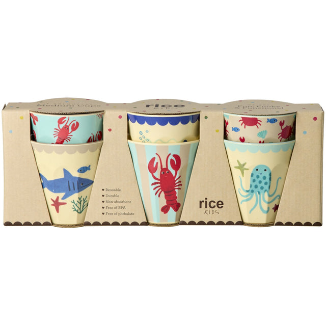 Rice Melamin Cups Med Blue Ocean Prints - Medium - 6 Pak - 250 Ml