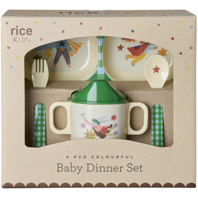 Rice Melamin Baby Dinner Sæt In Giftbox - Hero Print - Green - 4 Pcs