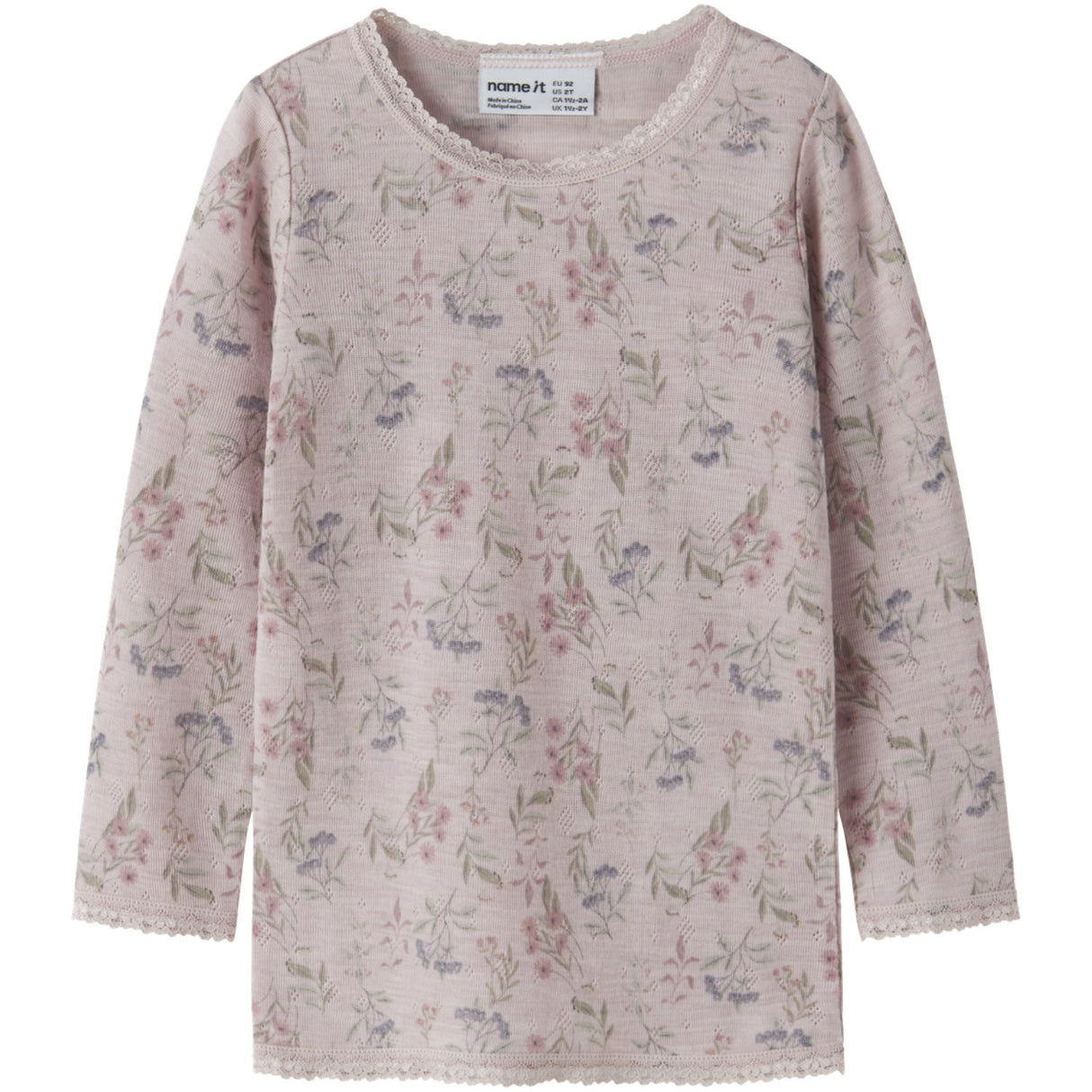 Name It Violet Ice Flowers + Leafs Nmfwang Uld Needle Ls Top Noos