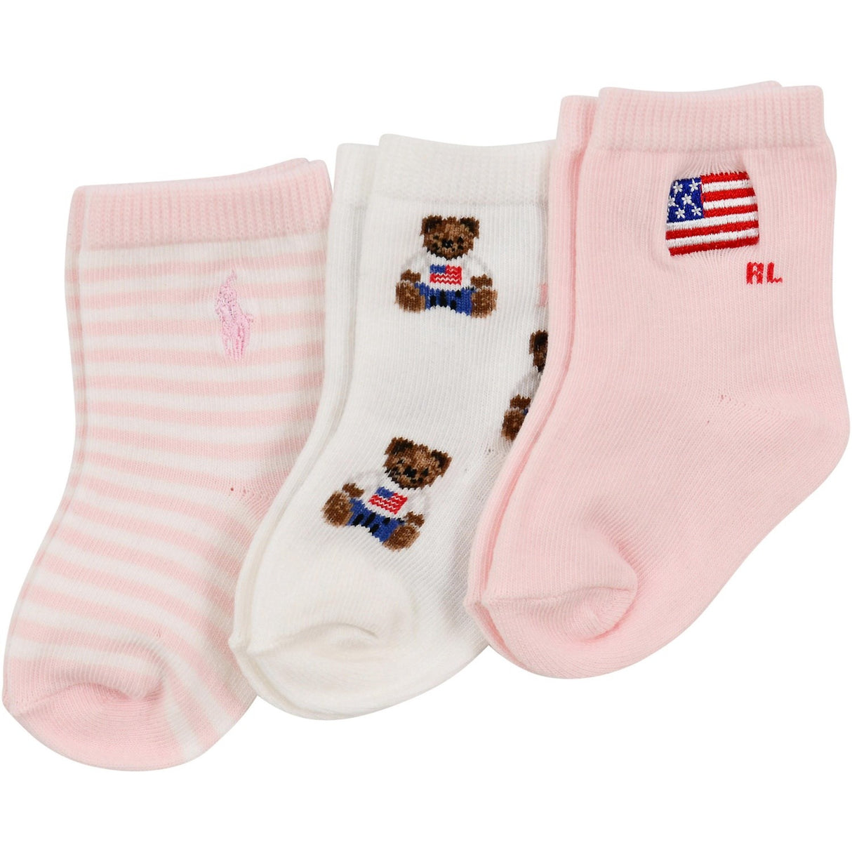 Ralph Lauren Baby White/Pink Crew Strømper 3-Pak