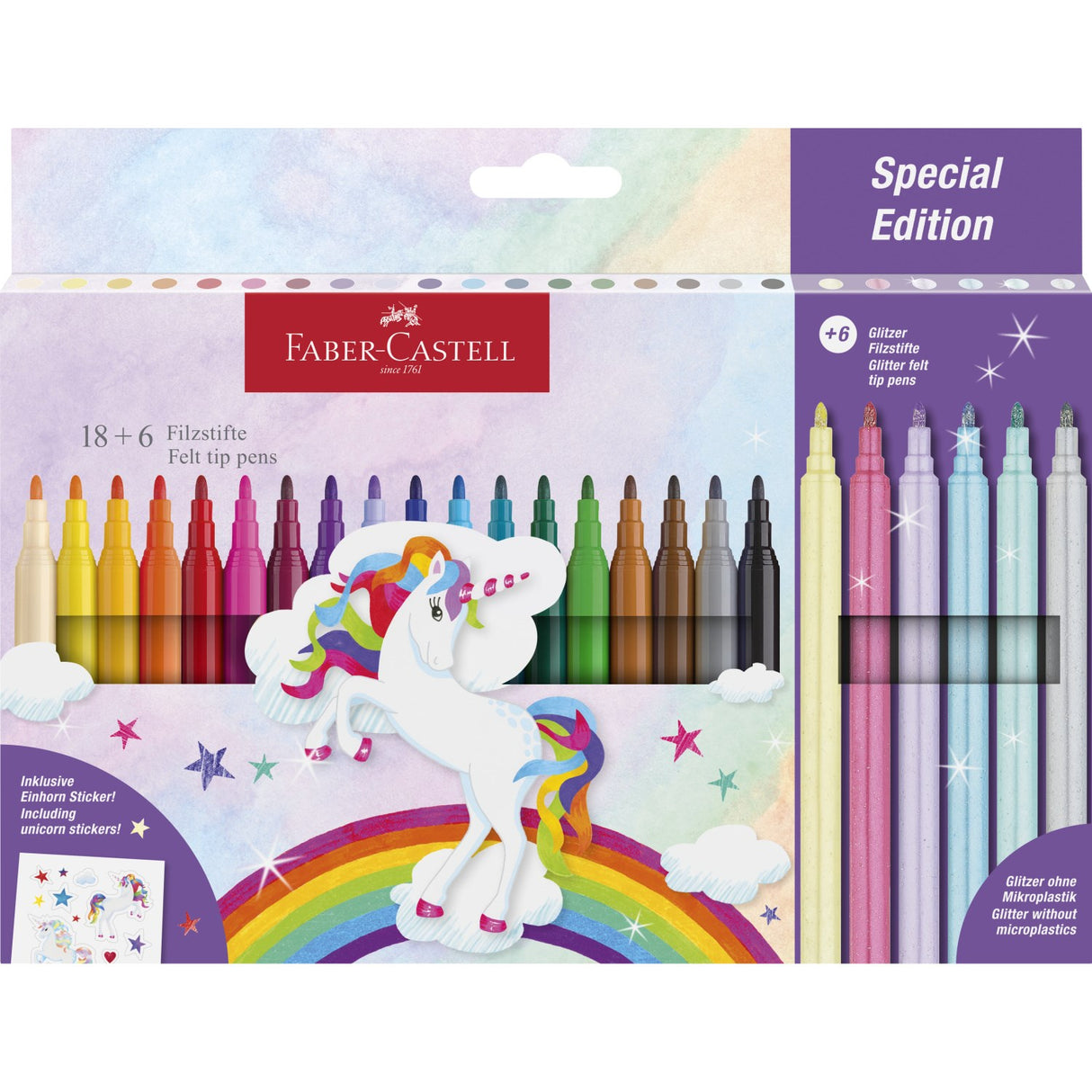 Faber-Castell Unicorn Tuscher - 18 Farver + 6 Glittertusser