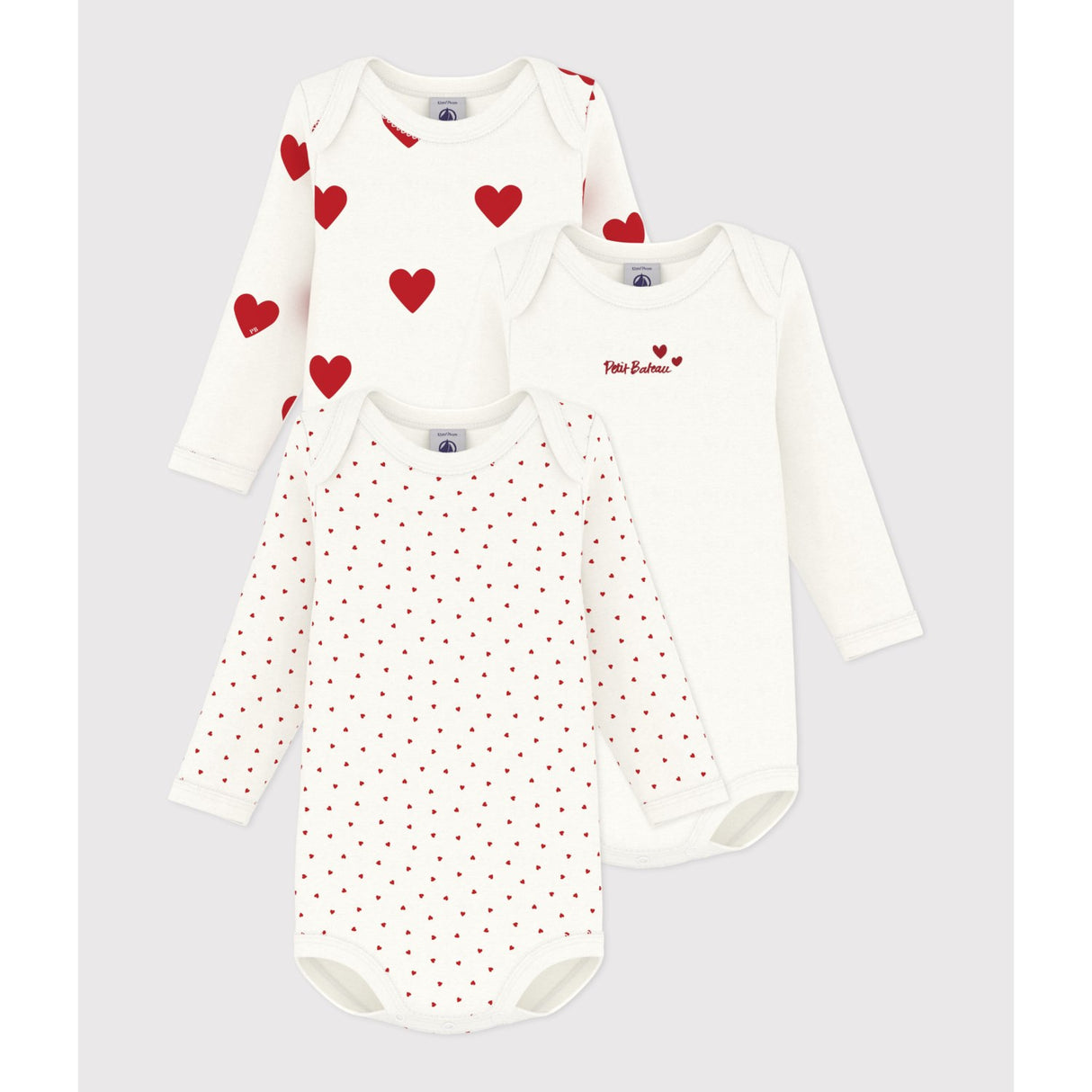 Petit Bateau Hearts/White Langærmet Body 3-Pak