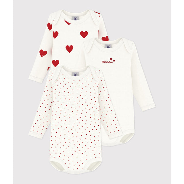 Petit Bateau Hearts/White Langærmet Body 3-Pak