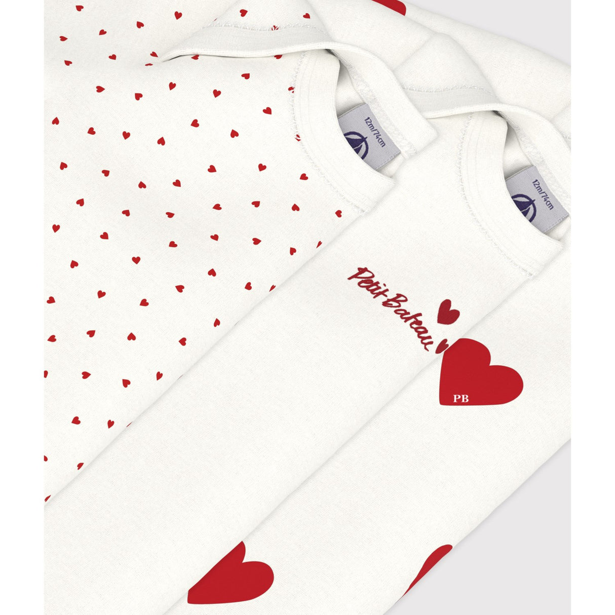 Petit Bateau Hearts/White Langærmet Body 3-Pak