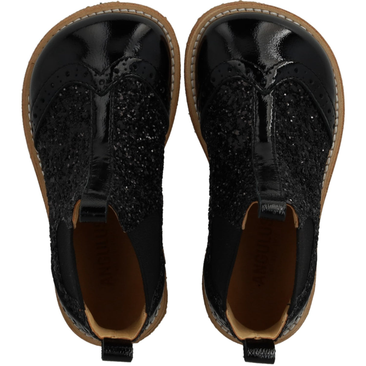 Angulus Black/Black Glitter/Black Elastic Chelsea Støvle Med Glitter Og Brogues Detaljer