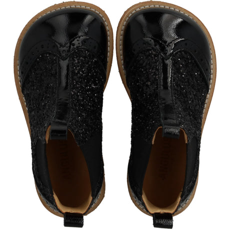 Angulus Black/Black Glitter/Black Elastic Chelsea Støvle Med Glitter Og Brogues Detaljer
