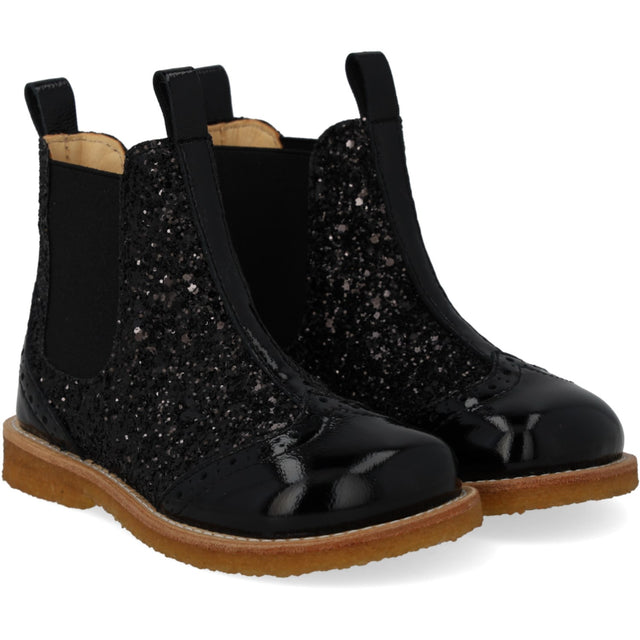 Angulus Black/Black Glitter/Black Elastic Chelsea Støvle Med Glitter Og Brogues Detaljer