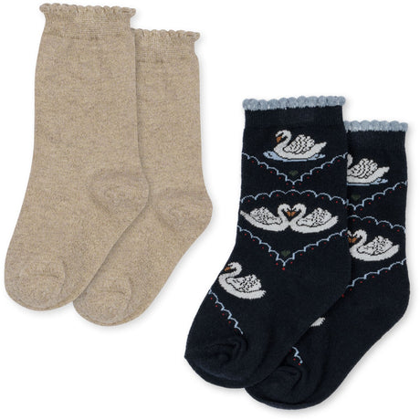 Konges Sløjd Navy/Off White 2 Pak Jacquard Swan Strømper