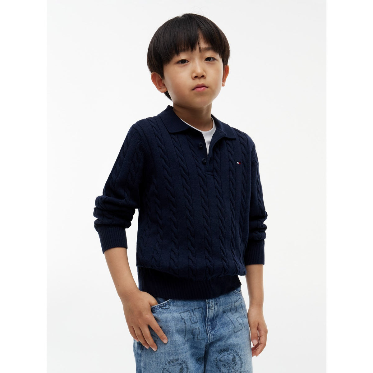 Tommy Hilfiger Dark Blue-Blue Bomuld Cable Polo Sweater