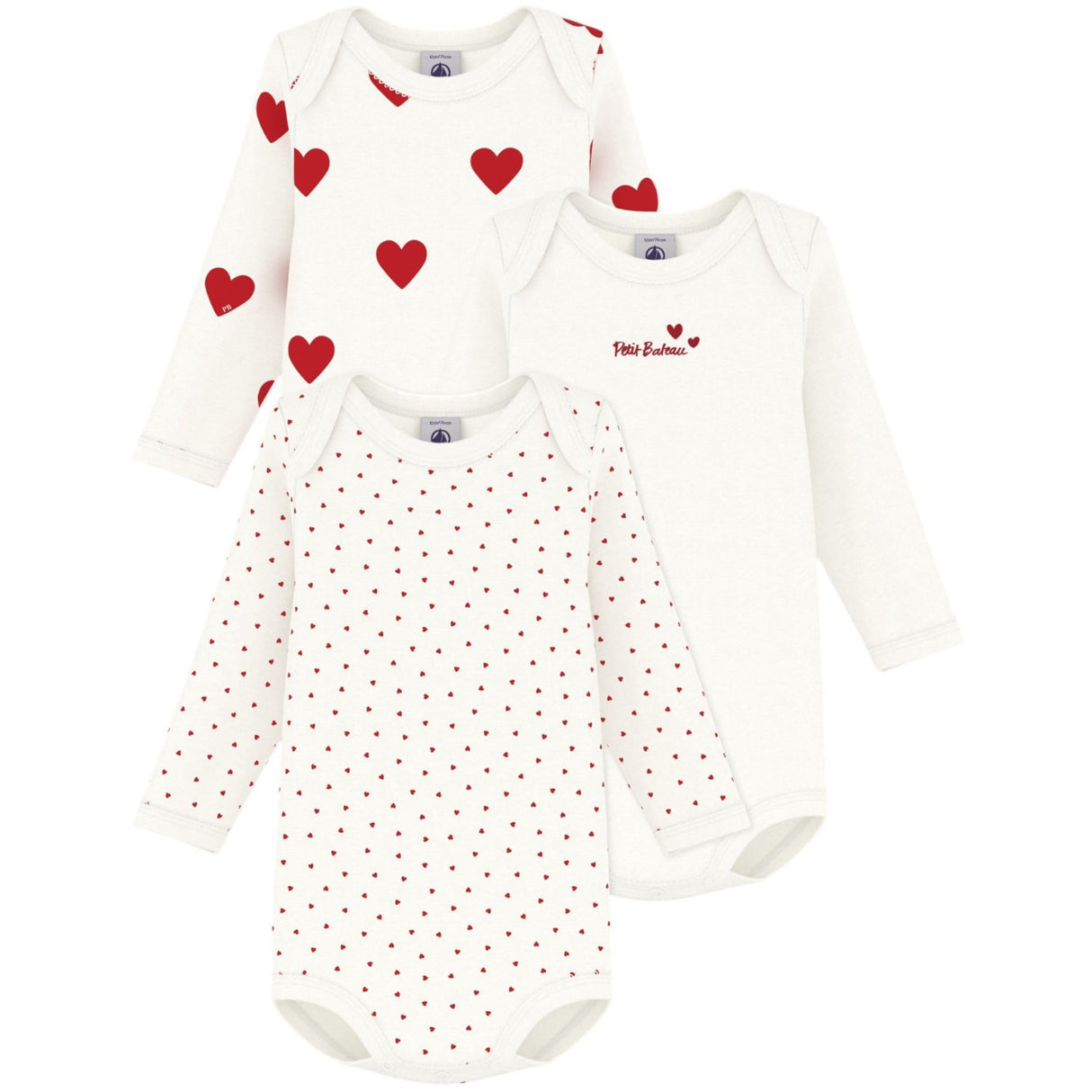 Petit Bateau Hearts/White Langærmet Body 3-Pak