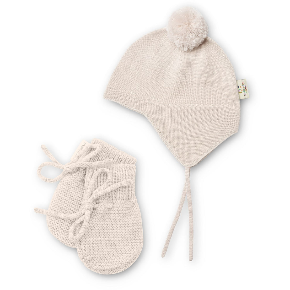 COPENHAGEN COLORS Pale Cream Melange Merino Strikket Baby Bonnet M/ Pompom + Baby Vanter