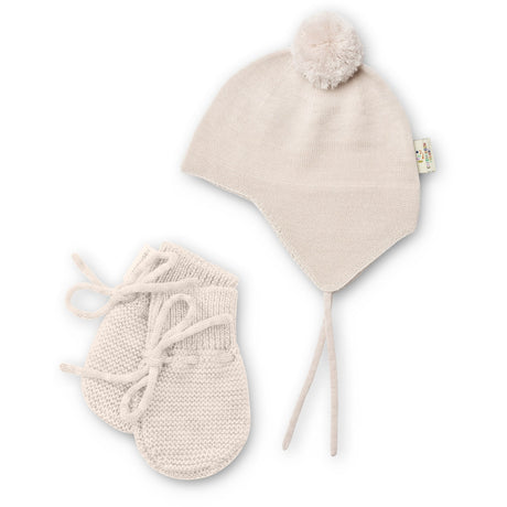COPENHAGEN COLORS Pale Cream Melange Merino Strikket Baby Bonnet M/ Pompom + Baby Vanter