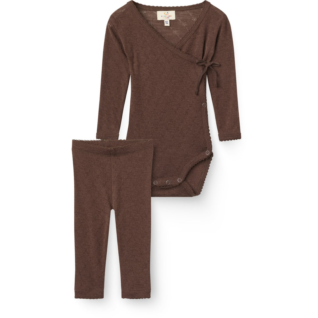 COPENHAGEN COLORS Dk Brown 2-Pack Lt. Knitted Pointelle Cross-Over Body W. Picot Edge + Pointelle Leggings W Picot Edge