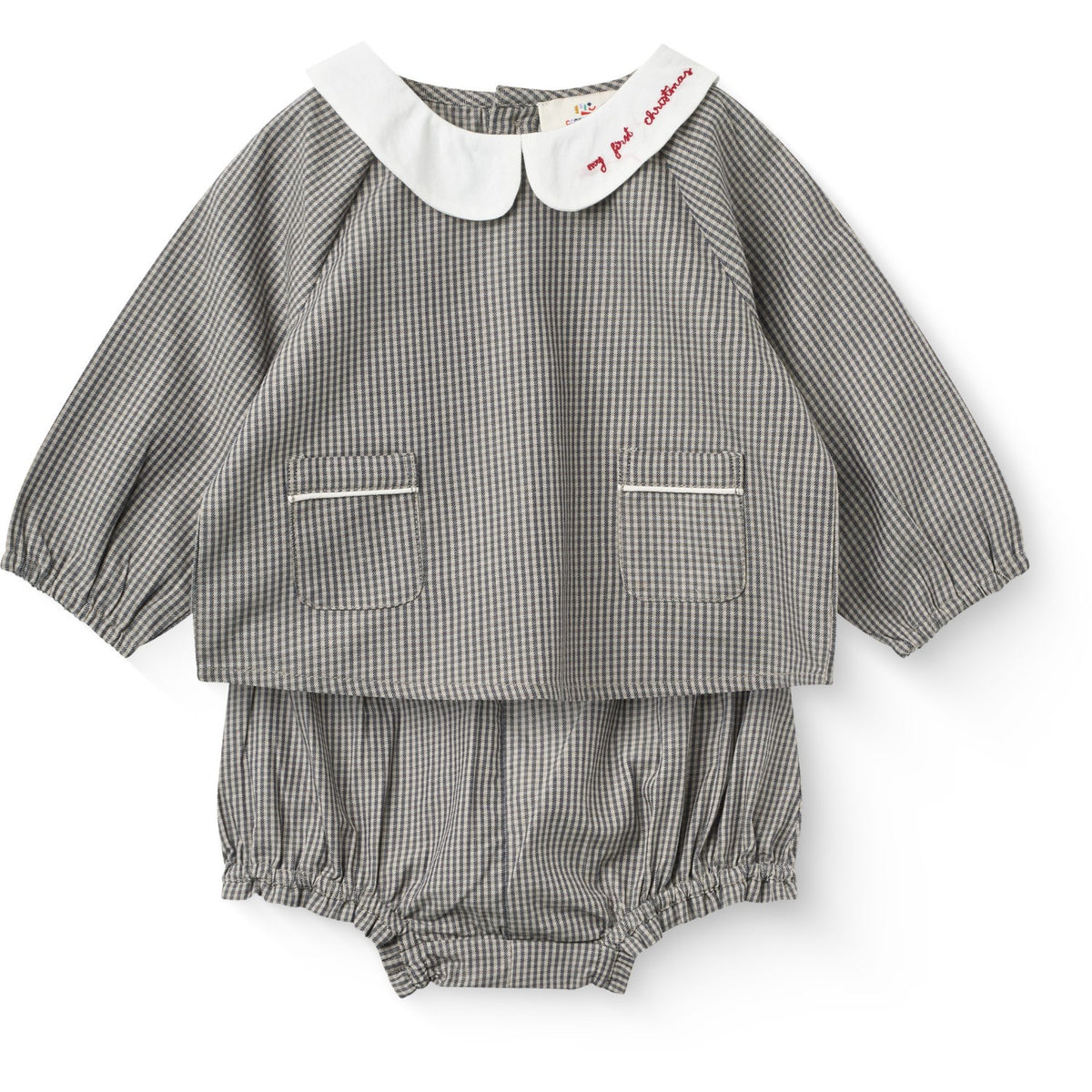 COPENHAGEN COLORS Grey Check Comb. Checkered Emb. Baby Sæt M/ Bluse Og Bloomers