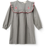 COPENHAGEN COLORS Grey Check Comb Long-Sleeved Kjole Med All-Over Embroidery