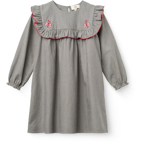 COPENHAGEN COLORS Grey Check Comb Long-Sleeved Kjole Med All-Over Embroidery