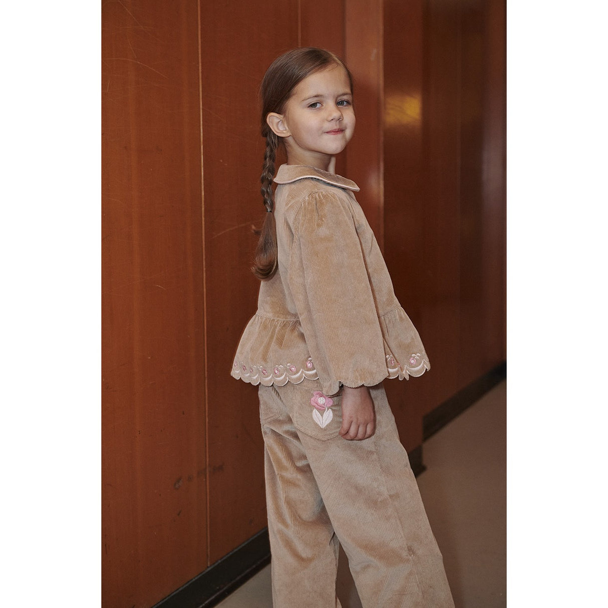 COPENHAGEN COLORS Beige Corduroy Pant M/ Wide Leg & Emb. On Backside Lomme