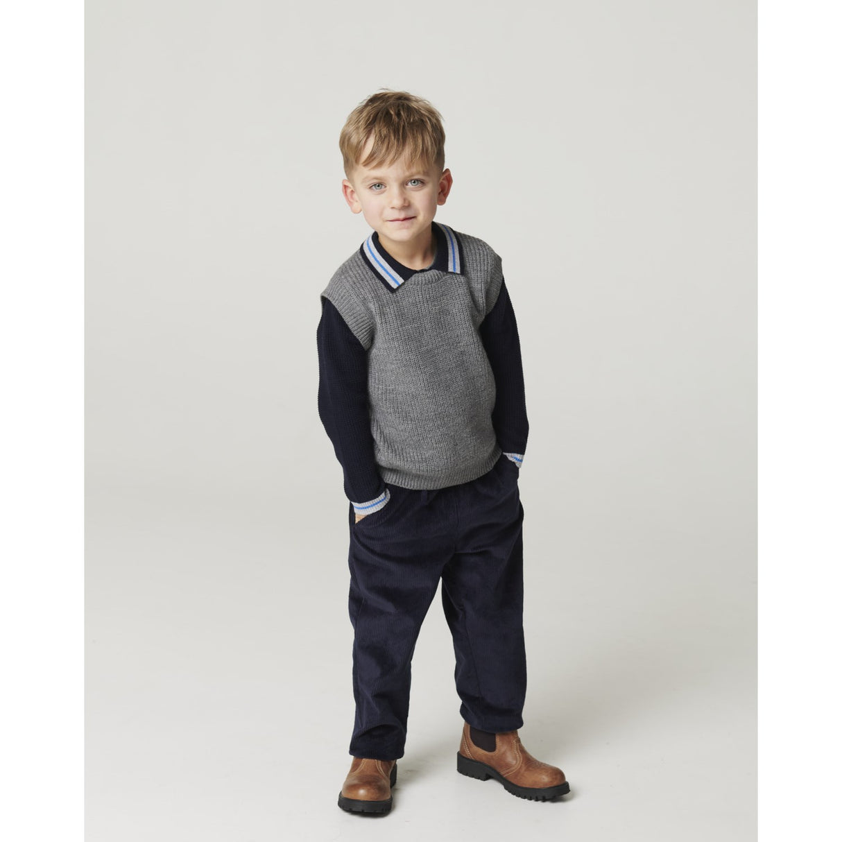 COPENHAGEN COLORS Navy Comb. Long-Sleeved Strikket Waffle Polo