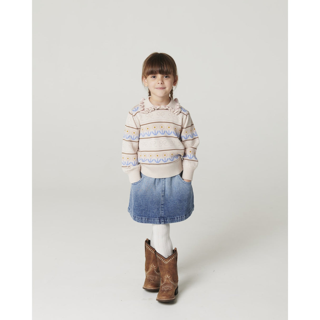 COPENHAGEN COLORS Beige Comb. Strikket Krave Bluse M/ Pointelle & Pattern