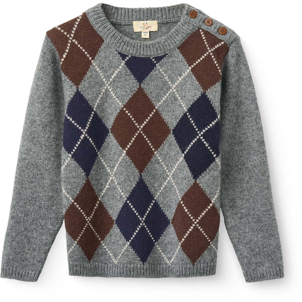 COPENHAGEN COLORS Grey Mel./Dk. Brown/Navy Comb. Argyle Strikket Pullover