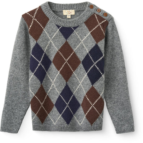 COPENHAGEN COLORS Grey Mel./Dk. Brown/Navy Comb. Argyle Strikket Pullover