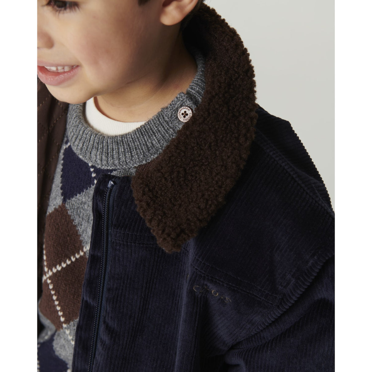 COPENHAGEN COLORS Grey Mel./Dk. Brown/Navy Comb. Argyle Strikket Pullover