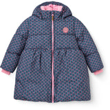 COPENHAGEN COLORS Navy Flower Aop Puffer Long Flæse Jakke M/ Teddy Lining