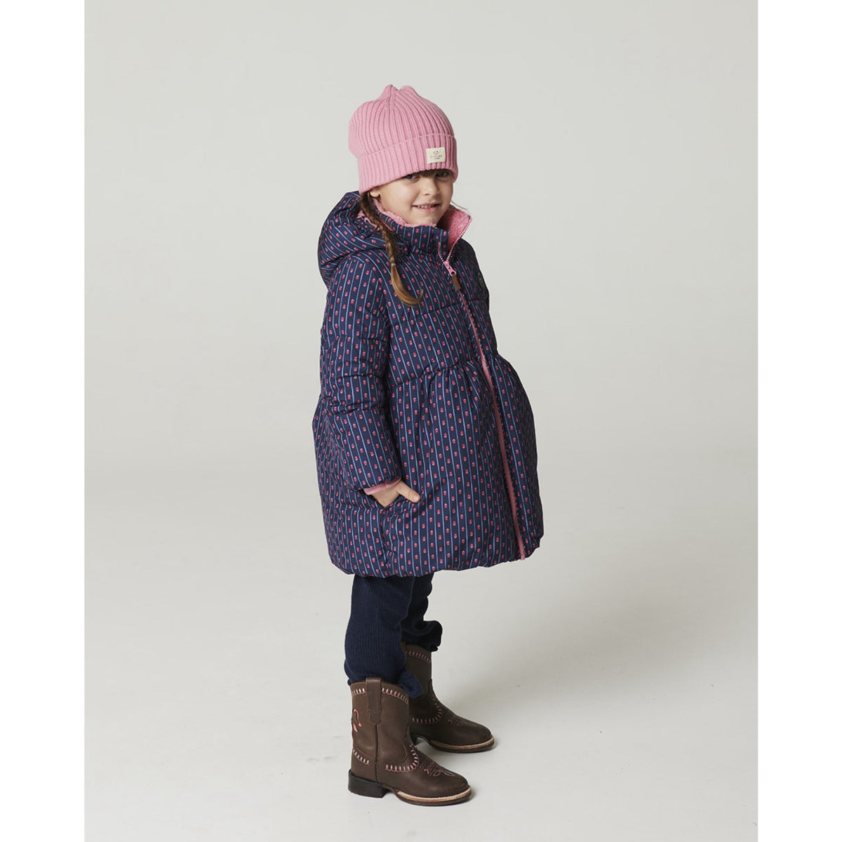 COPENHAGEN COLORS Navy Flower Aop Puffer Long Flæse Jakke M/ Teddy Lining