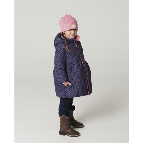 COPENHAGEN COLORS Navy Flower Aop Puffer Long Flæse Jakke M/ Teddy Lining
