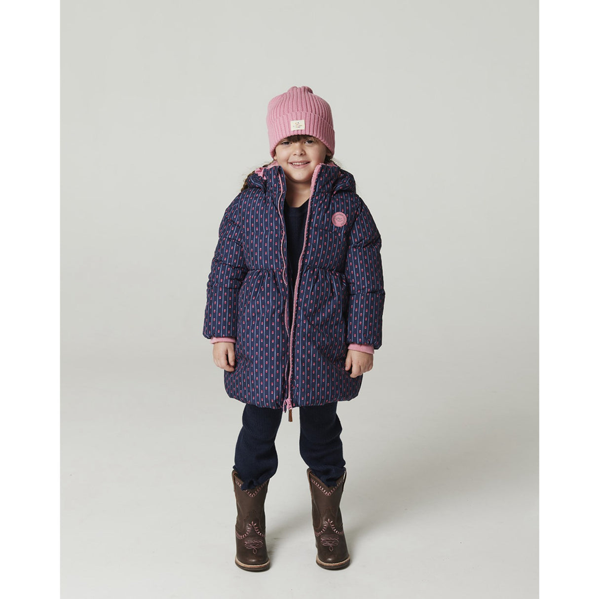 COPENHAGEN COLORS Navy Flower Aop Puffer Long Flæse Jakke M/ Teddy Lining