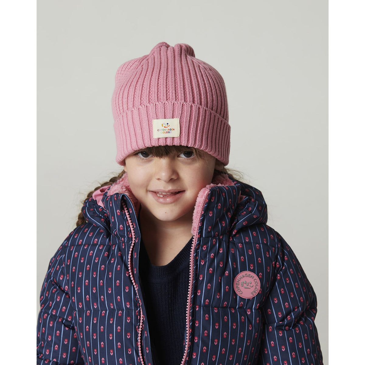 COPENHAGEN COLORS Navy Flower Aop Puffer Long Flæse Jakke M/ Teddy Lining