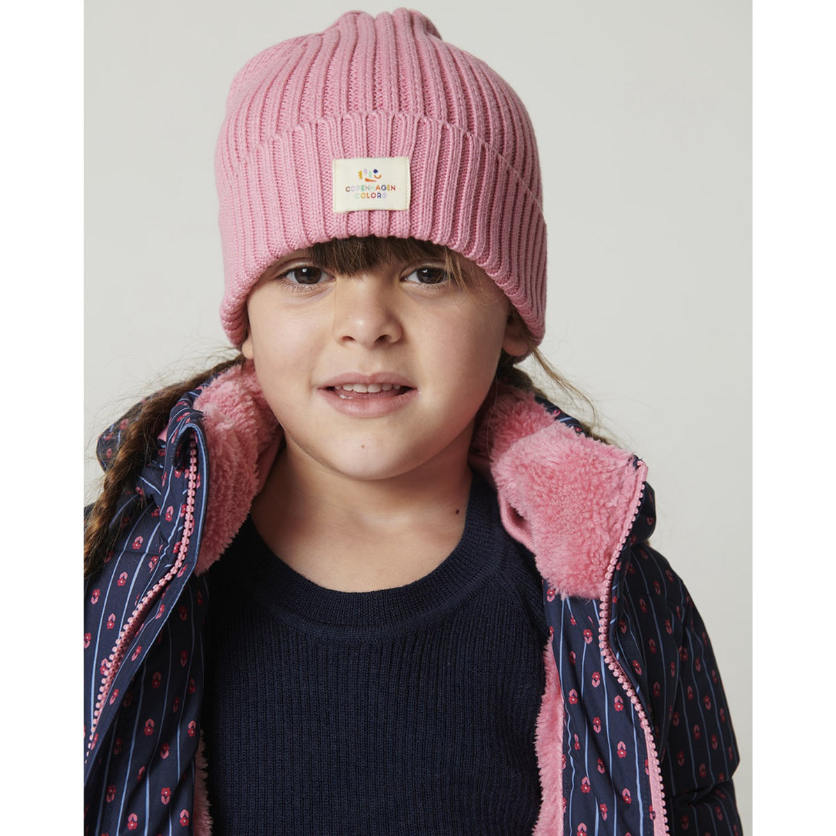 COPENHAGEN COLORS Navy Flower Aop Puffer Long Flæse Jakke M/ Teddy Lining