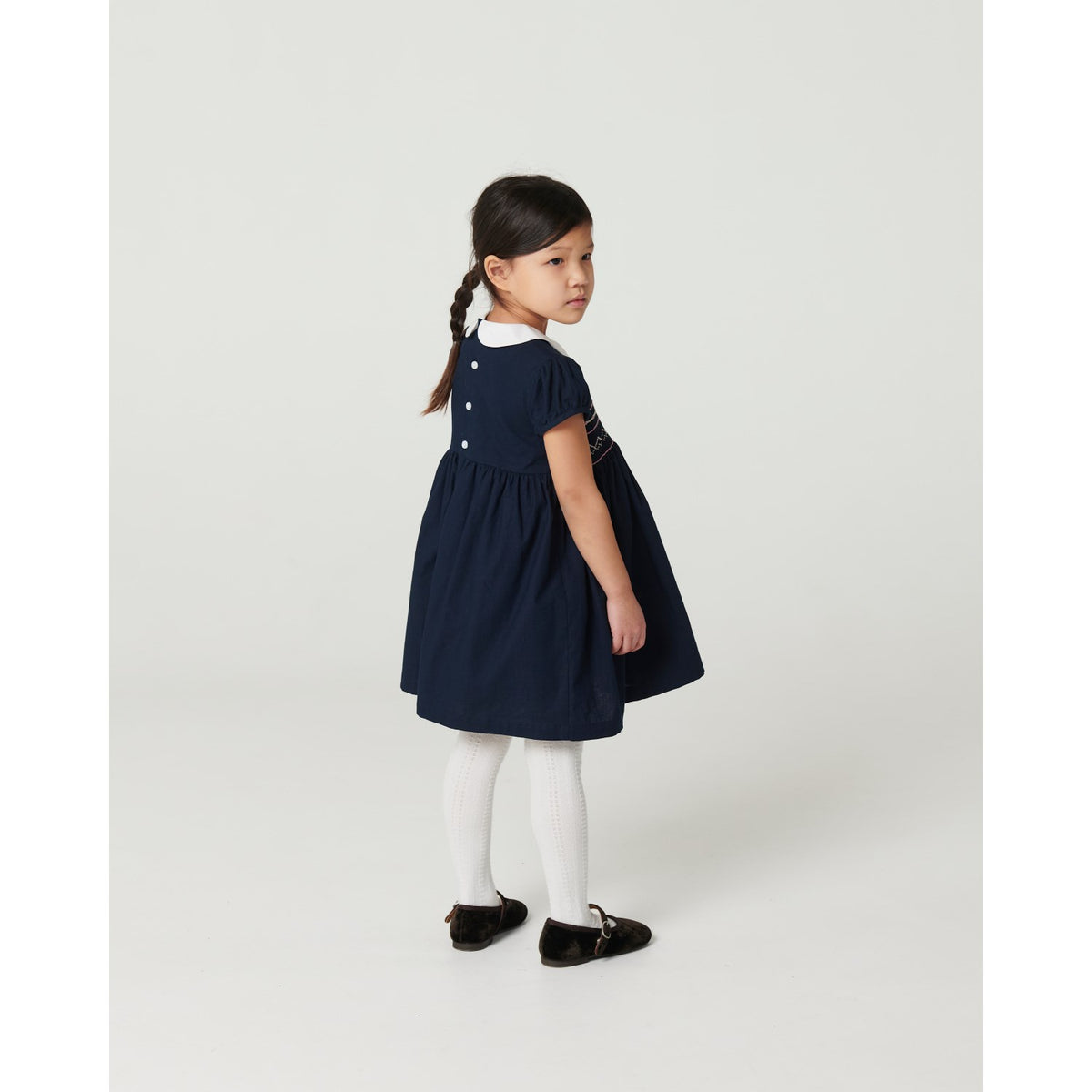 COPENHAGEN COLORS Navy Comb. Kjole M/ Handmade Smock Embroidery