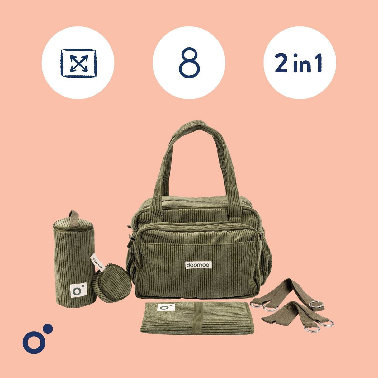Doomoo Corduroy Khaki Diaper Taske Med 8 Tilbehør