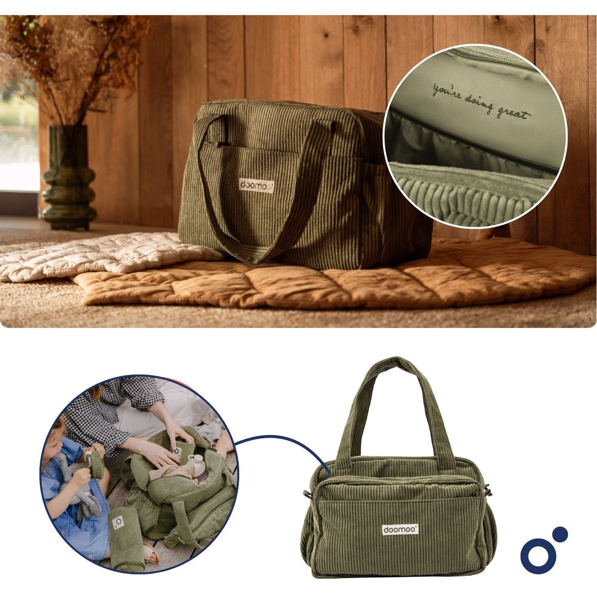 Doomoo Corduroy Khaki Diaper Taske Med 8 Tilbehør