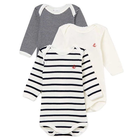 Petit Bateau Bodies ML 3 Pack White/Navy/Stripes